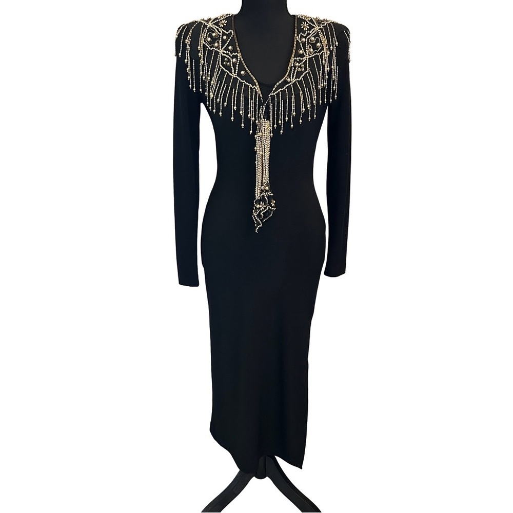 Vintage 80s David Howard Climax Black Gold Beaded Fringe Dress Art Deco Gatsby